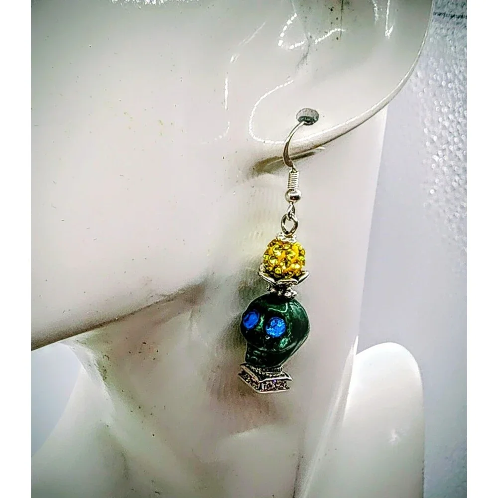 Dark green Skull Day of the Dead Dia de Muertos Dangle Earrings Halloween  Women